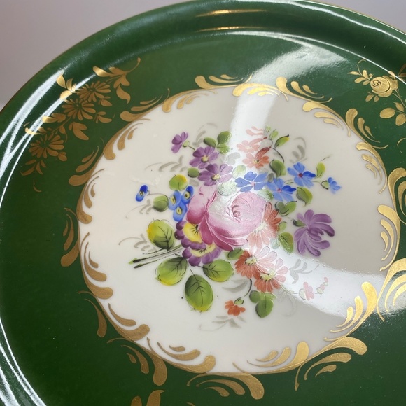 Two Vintage France Plates Hand Painted Floral Green & Gold Accents About 8” Wide - Picture 9 of 15